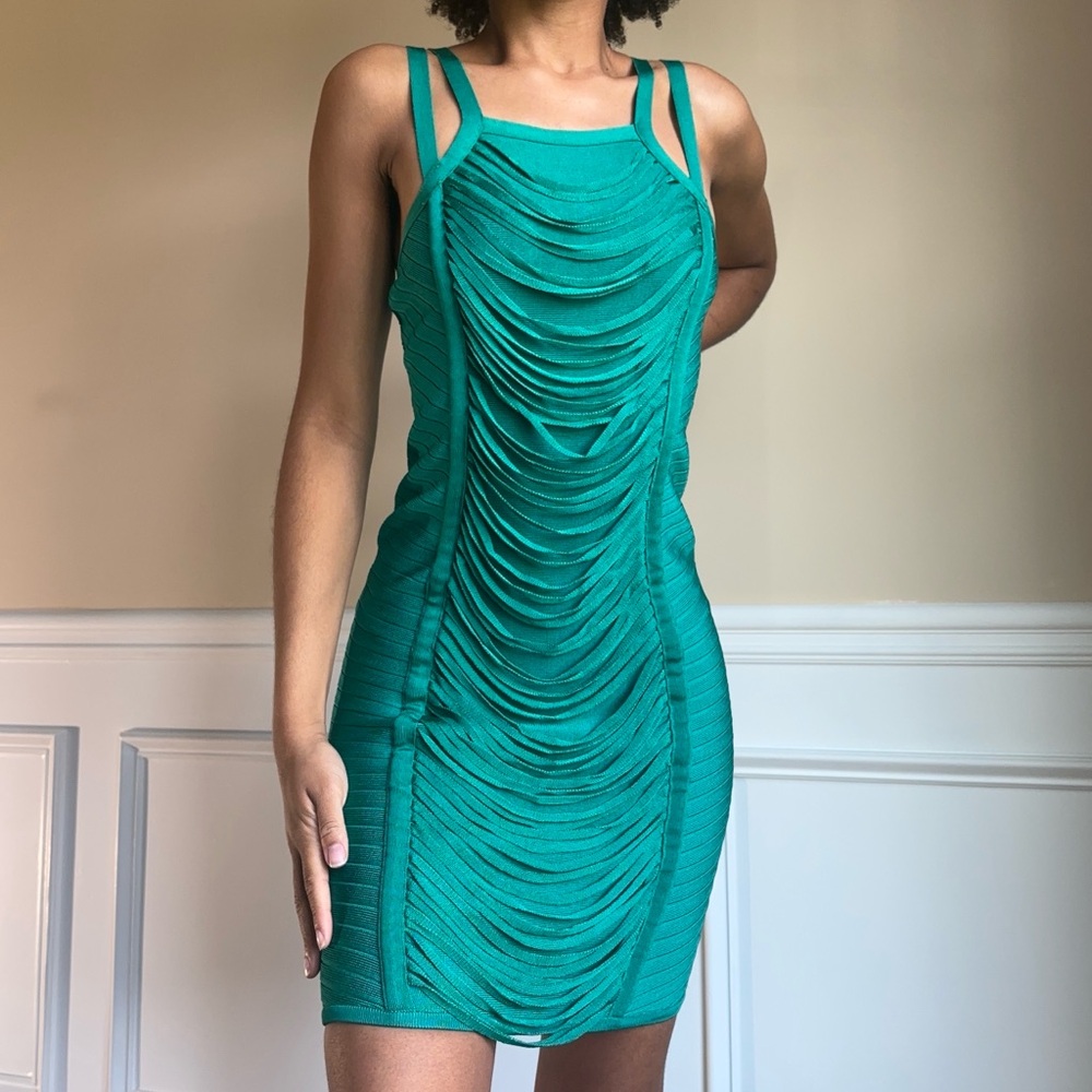 bebe bodycon fringe dress